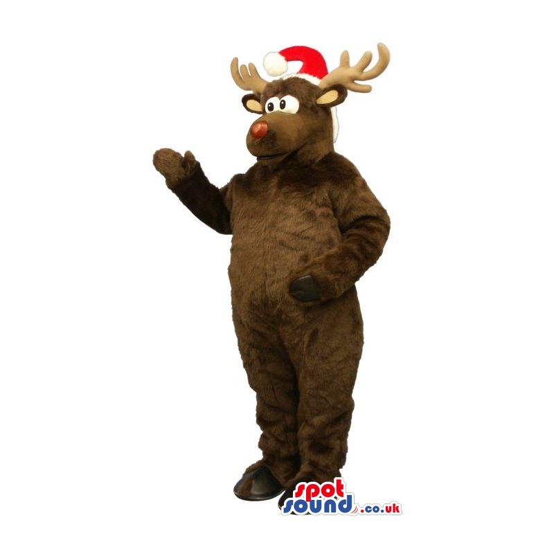 Brown Reindeer Animal Plush Mascot With A Santa Claus Hat -