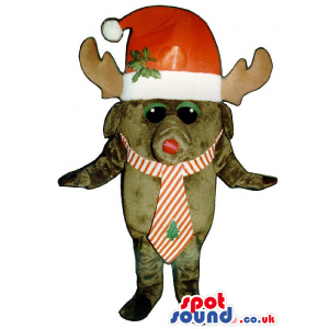 Small Brown Reindeer Animal Plush Mascot With A Santa Claus Hat