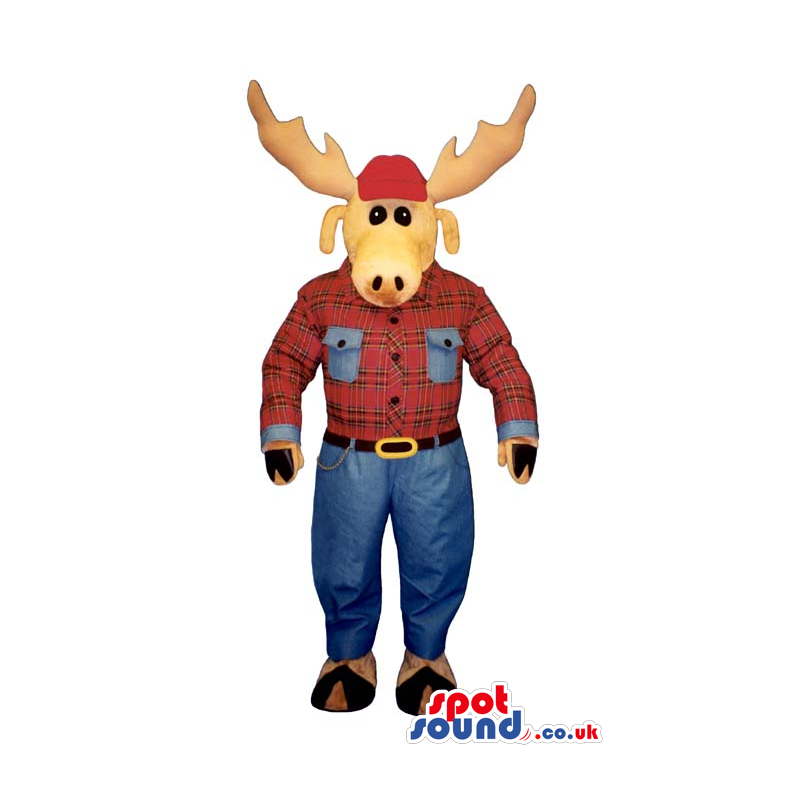 Reindeer Animal Plush Mascot Wearing A Checked Shirt And Jeans