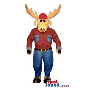 Reindeer Animal Plush Mascot Wearing A Checked Shirt And Jeans