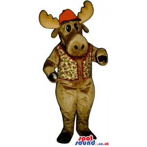 Brown Reindeer Animal Plush Mascot With A Vest And A Hat. -