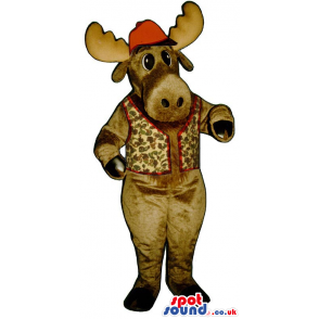 Brown Reindeer Animal Plush Mascot With A Vest And A Hat. -