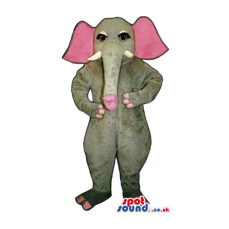 Grey Elephant Plush Mascot With Pink Ears And Eyelids - Custom