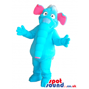 Flashy Blue Elephant Plush Mascot With Pink Ears And A Long