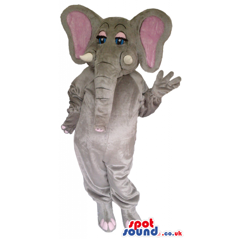 Grey Elephant Plush Mascot With Pink Ears And Eyelids - Custom