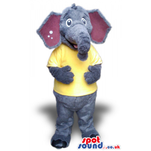 Cute Grey Elephant Plush Mascot Wearing A Yellow T-Shirt -