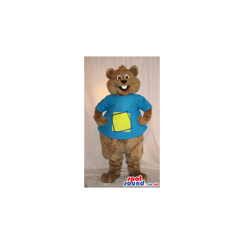 Customizable Brown Teddy Bear Plush Mascot Wearing Blue T-Shirt