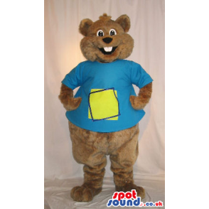 Customizable Brown Teddy Bear Plush Mascot Wearing Blue T-Shirt