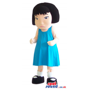 Black Haired Girl Character Mascot Wearing A Blue Dress -