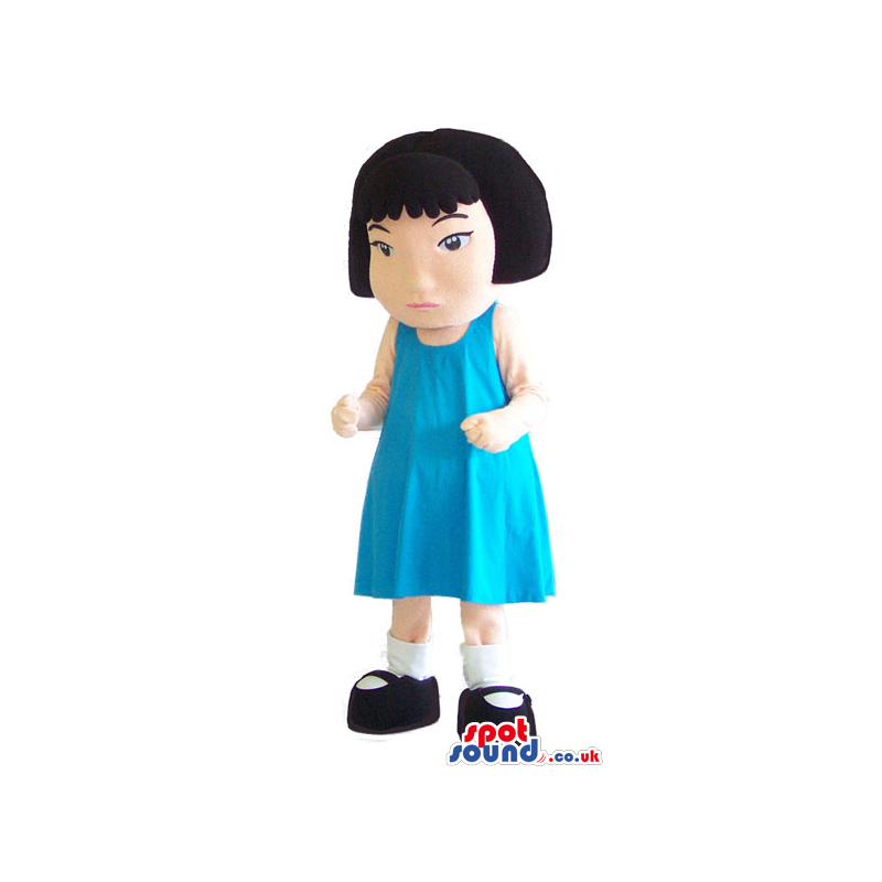 Black Haired Girl Character Mascot Wearing A Blue Dress -