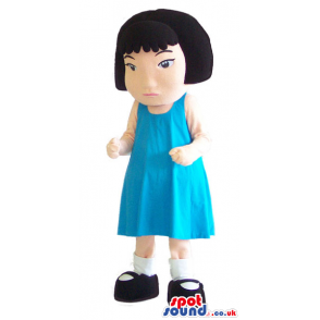 Black Haired Girl Character Mascot Wearing A Blue Dress -