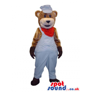 Teddy Bear Plush Mascot Wearing White And Red Cook Garments -