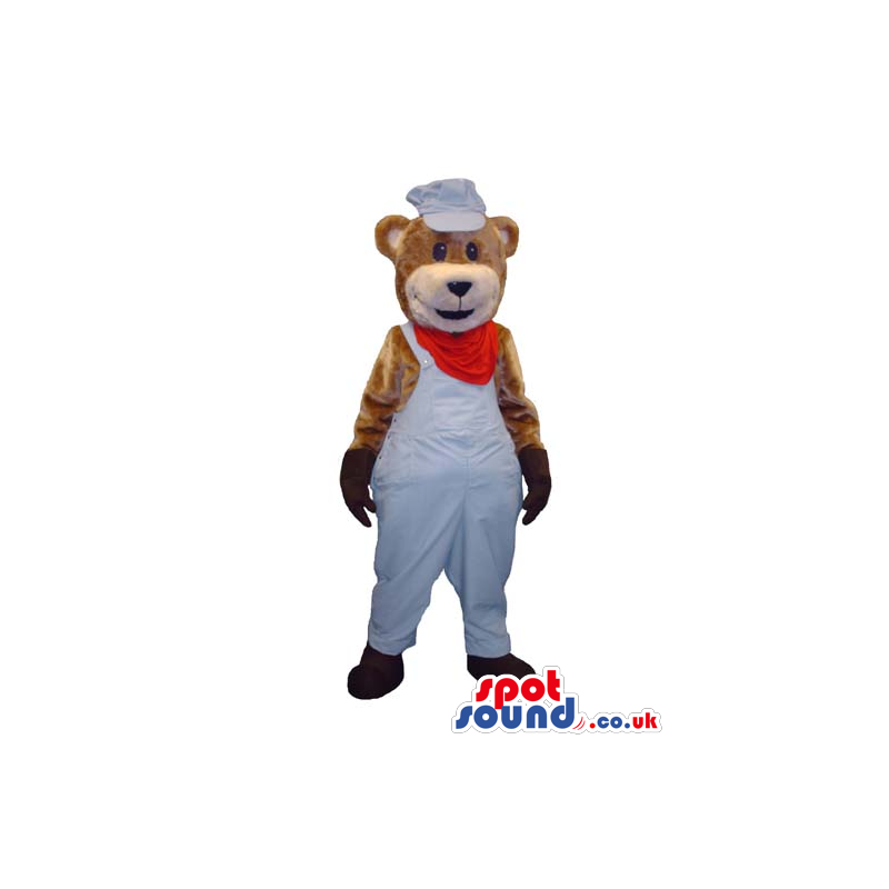 Teddy Bear Plush Mascot Wearing White And Red Cook Garments -