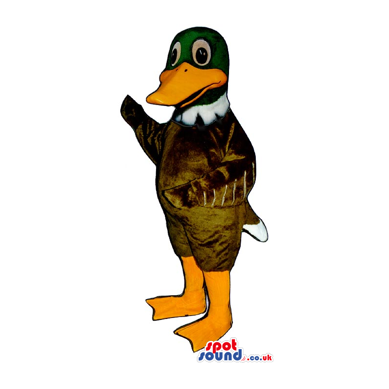 Cute Brown Duck Mascot With A Green Head And Orange Beak -