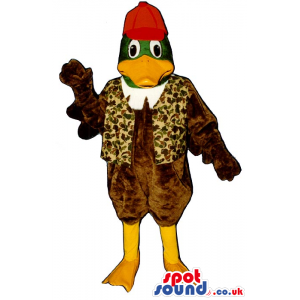 Brown Duck Plush Mascot Wearing A Pattern Vest And A Red Cap -