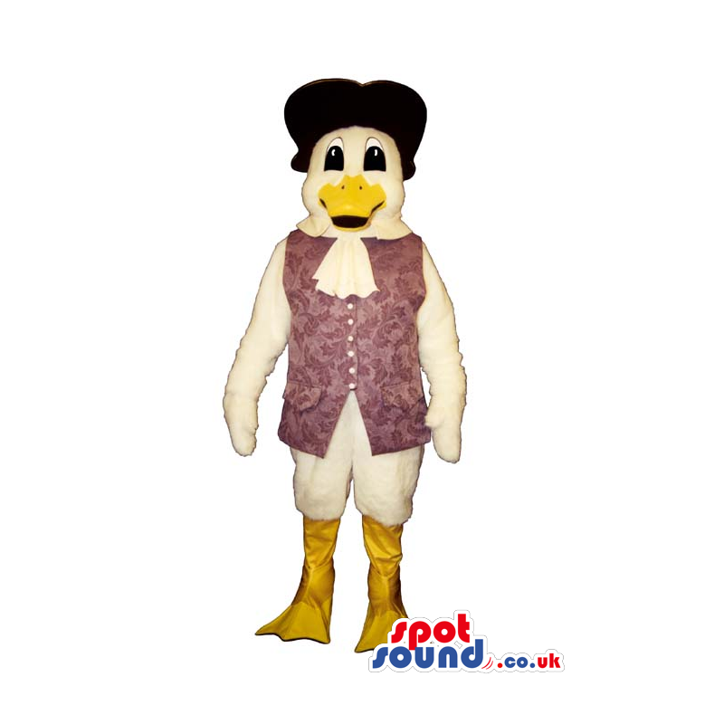 White Duck Plush Mascot Wearing An Old-Style Purple Vest And
