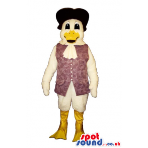 White Duck Plush Mascot Wearing An Old-Style Purple Vest And