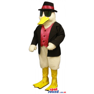 White Duck Plush Mascot Wearing Gangster Clothes And Sunglasses