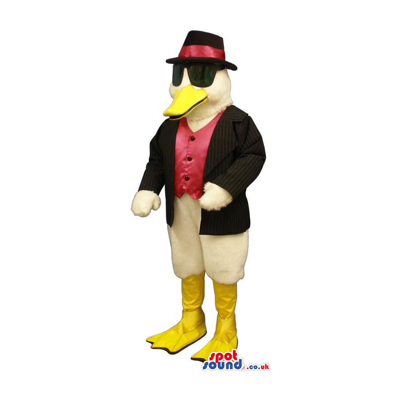 White Duck Plush Mascot Wearing Gangster Clothes And Sunglasses