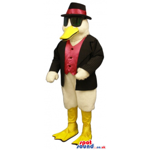 White Duck Plush Mascot Wearing Gangster Clothes And Sunglasses