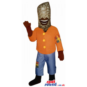 Funny Corncob Mascot With Big Lips Wearing Scarecrow Garments -