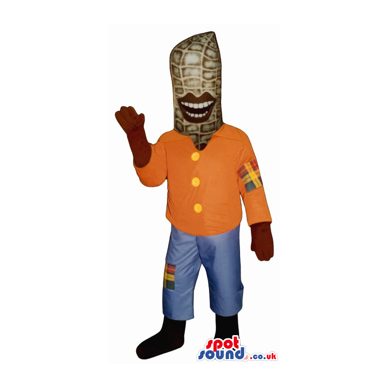 Funny Corncob Mascot With Big Lips Wearing Scarecrow Garments -