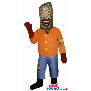 Funny Corncob Mascot With Big Lips Wearing Scarecrow Garments -