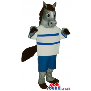 Grey Donkey Animal Plush Mascot With A Striped T-Shirt - Custom