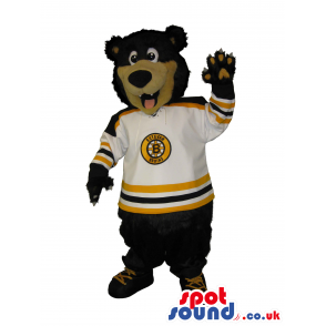 Big Bear Mascot With A White Ice-Hockey Sports Shirt With Logo