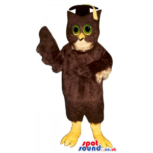 Brown Owl Plush Mascot With Green Eyes Wearing A Teacher Hat -