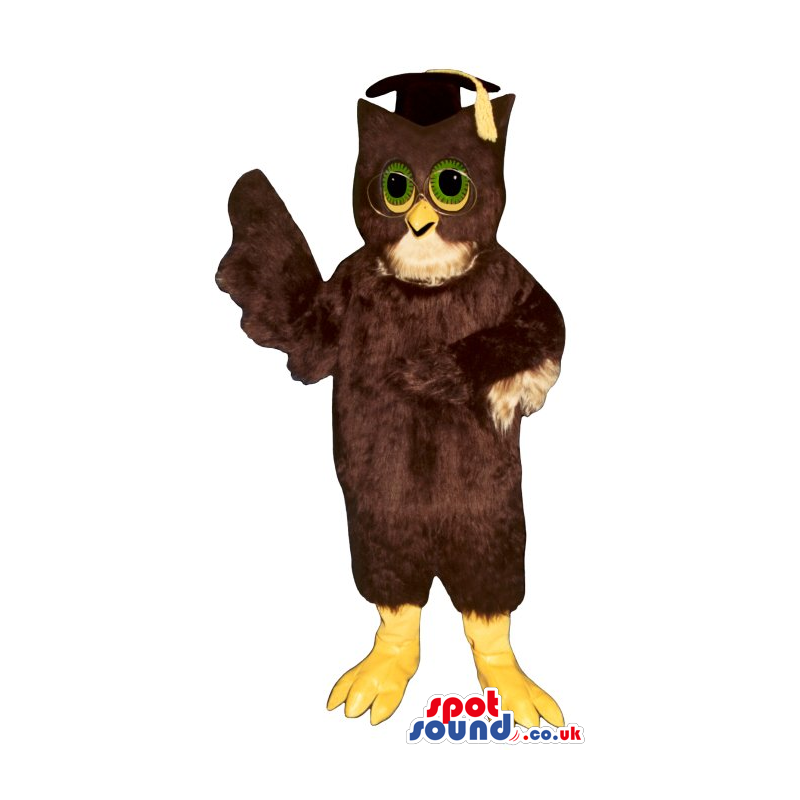 Brown Owl Plush Mascot With Green Eyes Wearing A Teacher Hat -