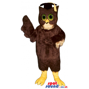 Brown Owl Plush Mascot With Green Eyes Wearing A Teacher Hat -