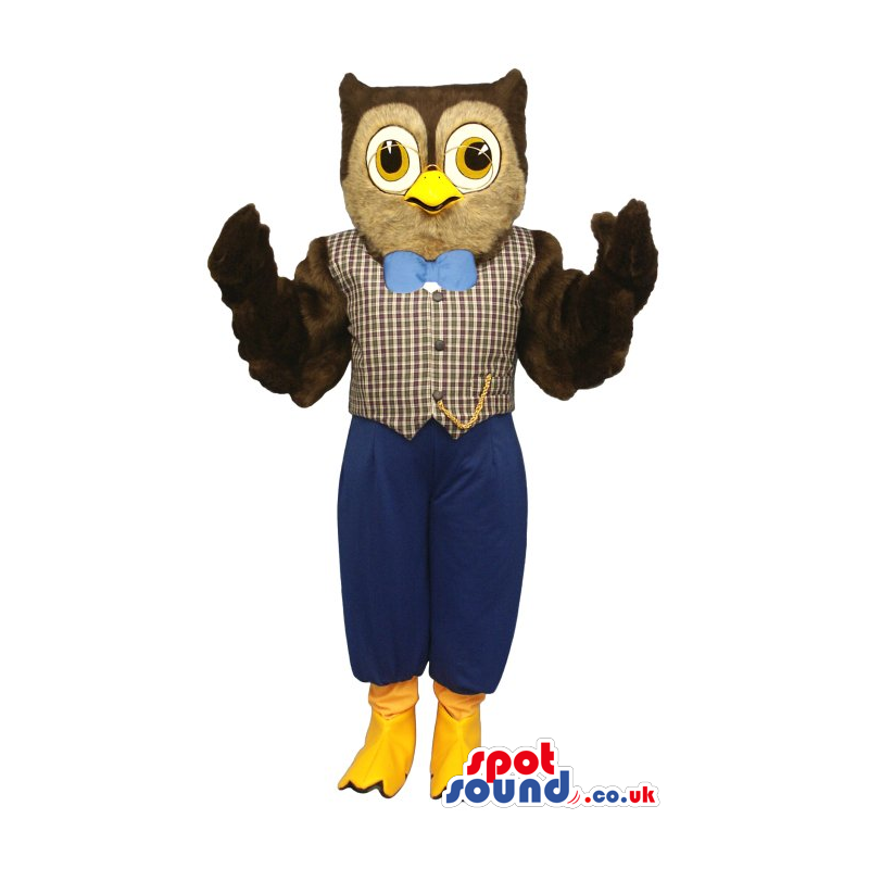 Owl Plush Mascot Wearing An Elegant Vest And Blue Bow Tie -