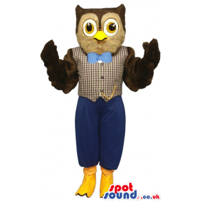 Owl Plush Mascot Wearing An Elegant Vest And Blue Bow Tie -