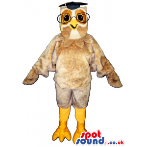 Beige Owl Plush Mascot Wearing A Teacher Hat And Glasses -