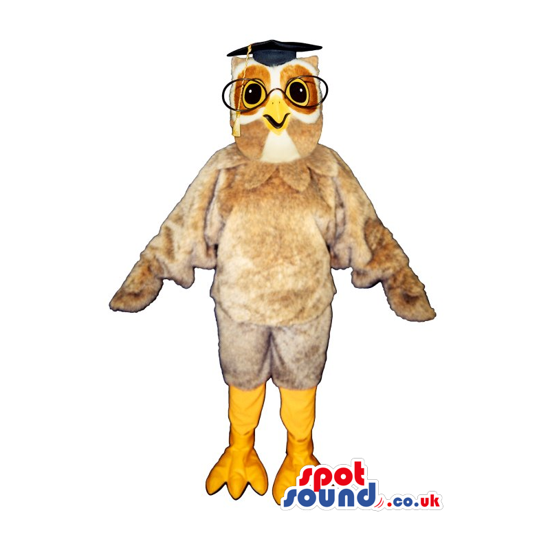 Beige Owl Plush Mascot Wearing A Teacher Hat And Glasses -