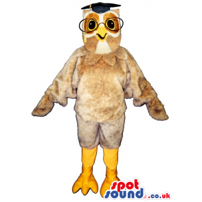 Beige Owl Plush Mascot Wearing A Teacher Hat And Glasses -