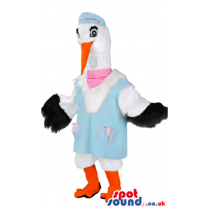 White pelican in blue outfit, pink foulard, orange beak and