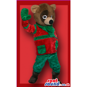 Brown Bear Animal Plush Mascot In Red And Green Winter Clothes