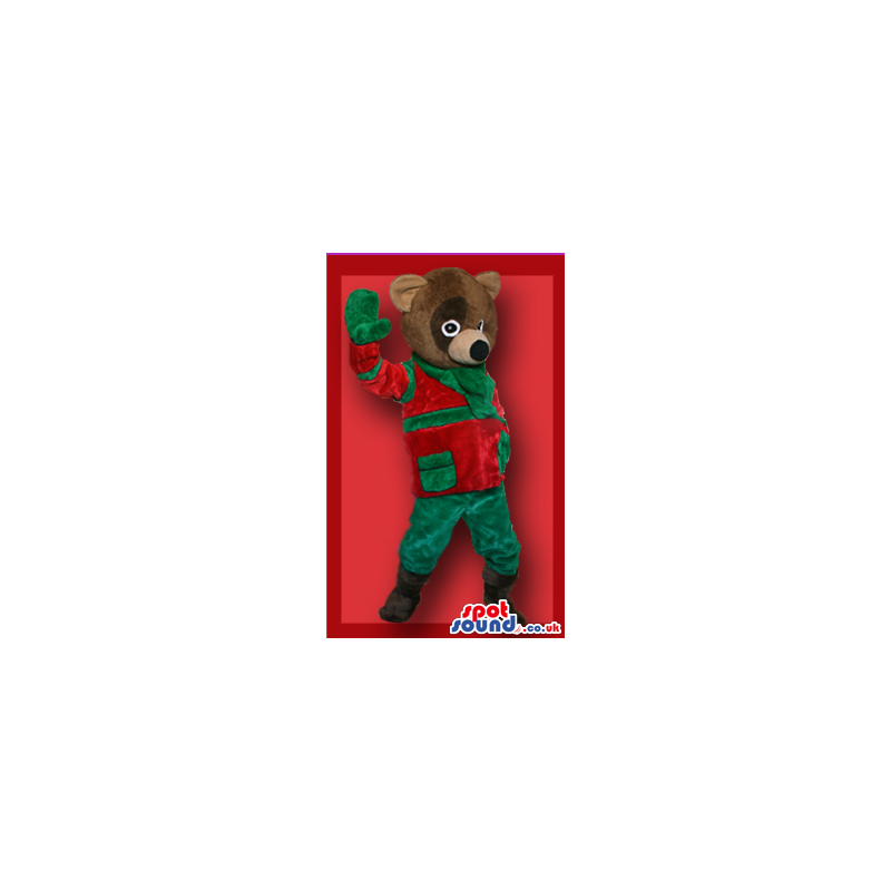Brown Bear Animal Plush Mascot In Red And Green Winter Clothes