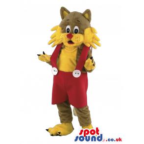 Beige and yellow cat mascot in a red colour jumper shorts -