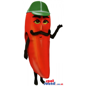 Red Pepper Vegetable Mascot With A Mustache And Green Cap -