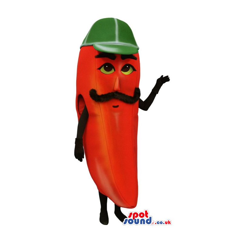 Red Pepper Vegetable Mascot With A Mustache And Green Cap -