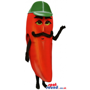 Red Pepper Vegetable Mascot With A Mustache And Green Cap -