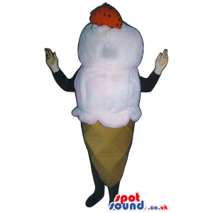 White Ice-Cream Cone Mascot With A Strawberry And No Face -
