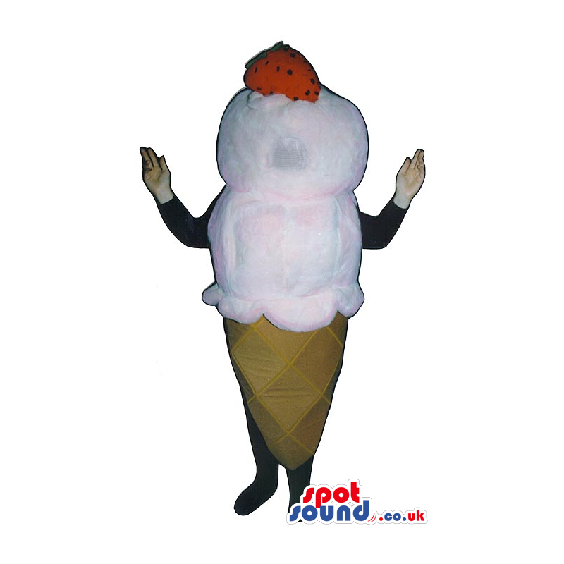 White Ice-Cream Cone Mascot With A Strawberry And No Face -