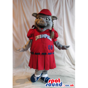 Grey Boar Wild Pig Girl Animal Plush Mascot Wearing Red Clothes