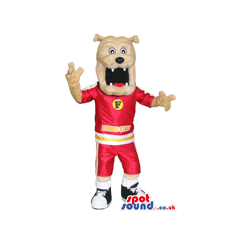 Light Brown Bulldog Mascot Wearing Red Sports Clothes - Custom