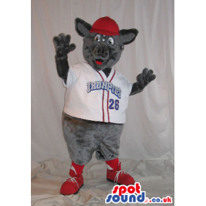 Grey Boar Mascot Wearing Red Baseball Sports Clothes With Text