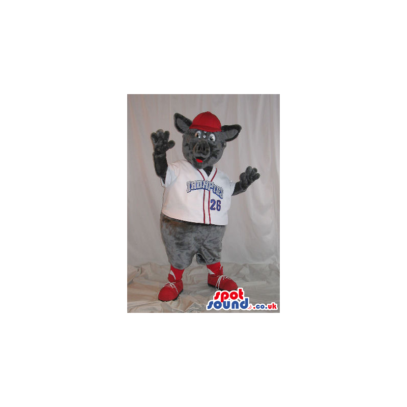 Grey Boar Mascot Wearing Red Baseball Sports Clothes With Text